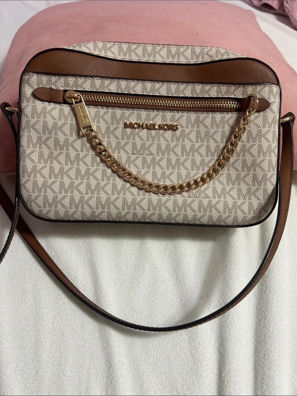 Michael Kors Beige Signature Crossbody with Acorn Trim and Gold Chain